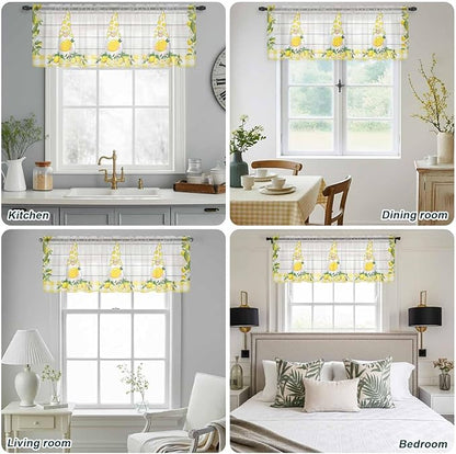 Lemon Dwarfs Sheer Valance Curtains, Gnome Green Leaf Wood Striped Yellow Plaid - Image 9