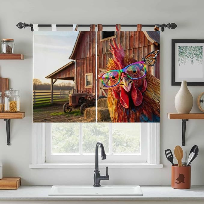 Farm Rooster Kitchen Curtains 45 Inch Length, Short Cafe Window Curtains Tab Top - Image 3