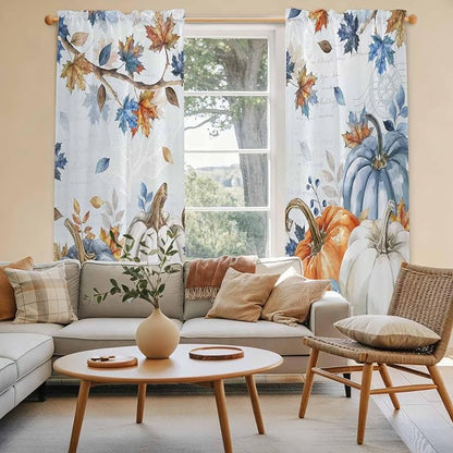 Fall Blue Maple Window Curtains 72 Inch Long 2 Panel Set, Rod Pocket Long - Image 3