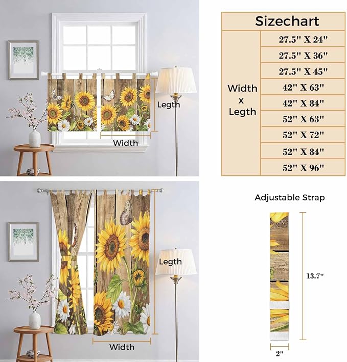 Farmhouse Sunflowers Bedroom Curtains 72 Inch Length, Window Curtains Tab Top - Image 8
