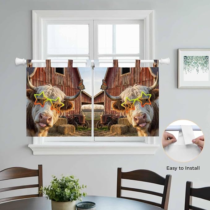 Farm Yaks Kitchen Curtains 36 Inch Length, Small Window Curtains Tab Top - Image 4