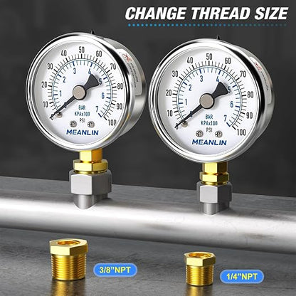MEANLIN MEASURE 0~100Psi Dry Pressure Gauge Stainless Steel 1/8" NPT 2" FACE - Image 3