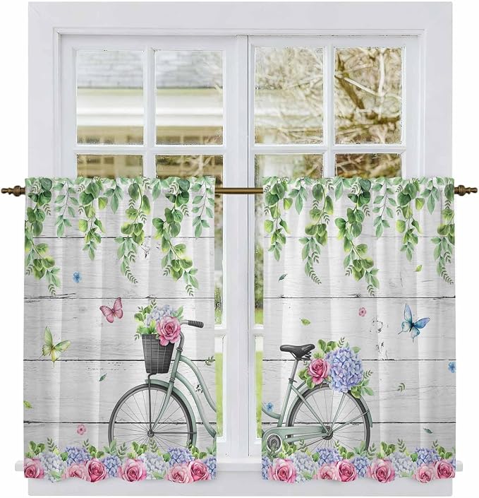 Spring Tier Curtains, Bicycles Botanical Rose Leaves Butterfly Wood Grain Light by Unknown
