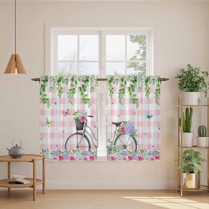Spring Tier Curtains, Bicycles Leaves Butterfly Flowers Pink Buffalo Plaid - Image 3