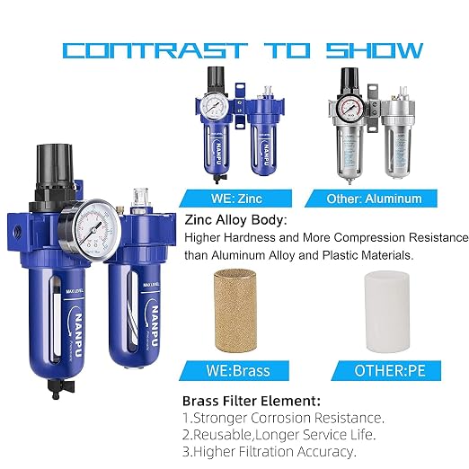 NANPU 1/4" NPT Compressed Air Filter Regulator Lubricator, Zinc Alloy, 5 Micron - Image 5