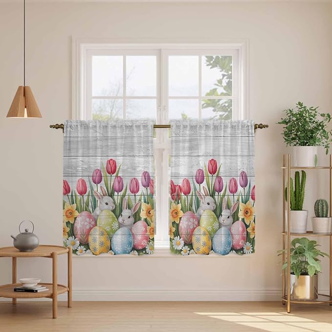 Easter Kitchen Curtains 45 Inch Long 2 Panel Set, Rod Pocket Window Treatment - Image 3