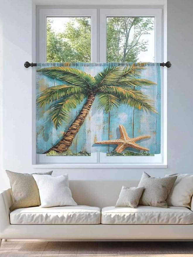Sheer Curtains 45 Inch Length, Coastal Beach Tree Semi Sheer Curtains Light - Image 4