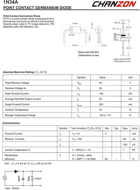Chanzon 1N34A 1N34 Schottky Diode 50mA 65V DO-35 IN34A IN34 Axial - Image 2
