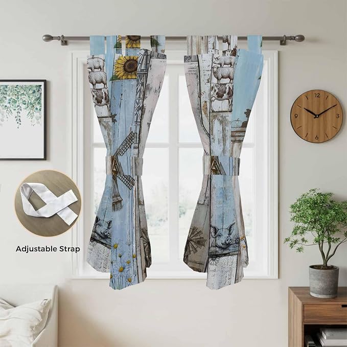 Blue Grey Wooden Bathroom Curtains 63 Inch Length, Window Curtains Tab Top - Image 5