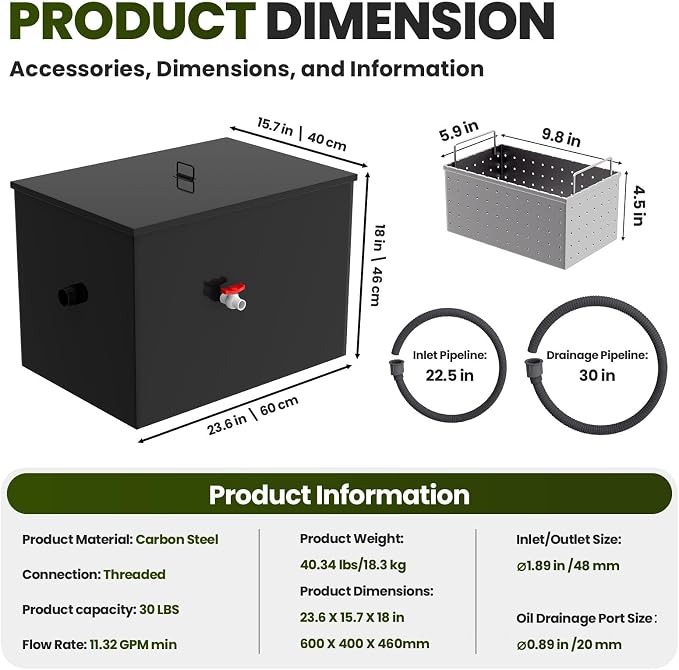 Grease Interceptor, 23.6" × 15.7" × 18" Grease Trap, 30 LBS Commercial Grease - Image 4