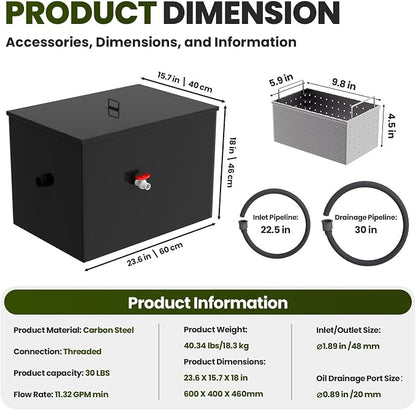 Grease Interceptor, 23.6" × 15.7" × 18" Grease Trap, 30 LBS Commercial Grease - Image 4