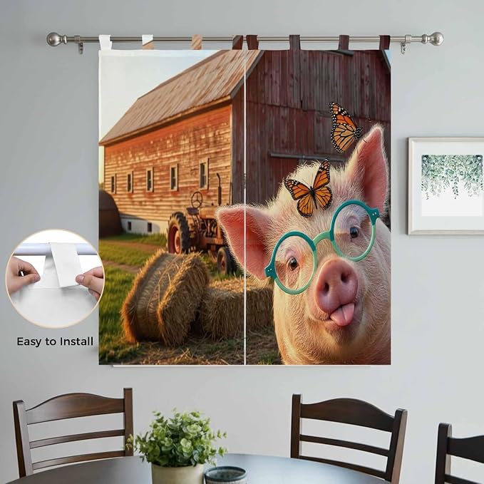 Farm Pig Bathroom Curtains 63 Inch Length, Window Curtains Tab Top, Farmhouse - Image 4