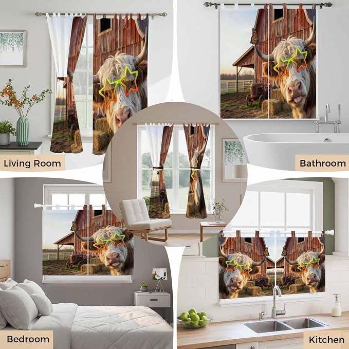 Farm Yaks Kitchen Curtains 36 Inch Length, Small Window Curtains Tab Top - Image 7