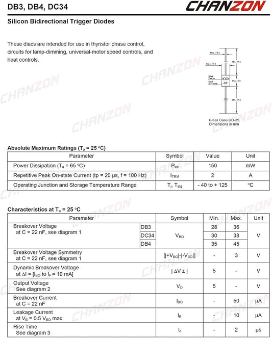 Chanzon DB3 DIAC Bidirectional Trigger Diode 2A 32V 150mW DO-35 DB-3 Axial - Image 2