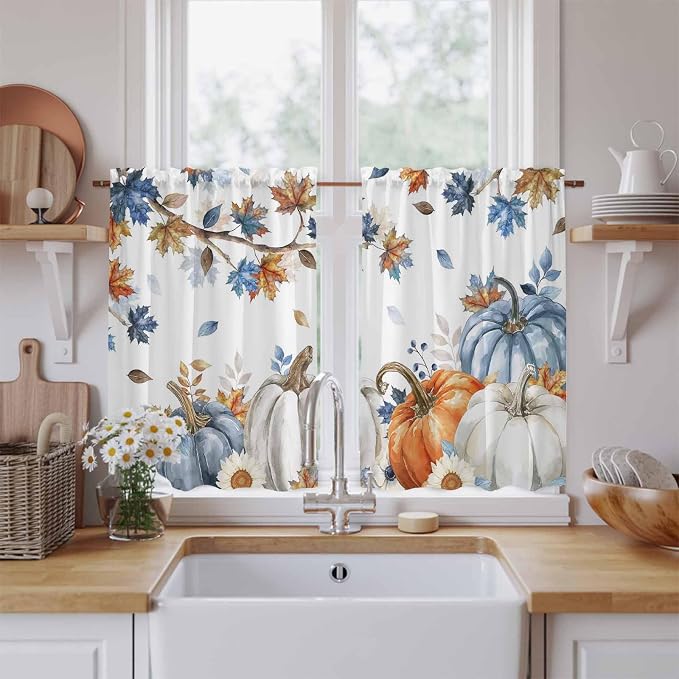 Navy Blue Pumpkin Fall Kitchen Curtains 54 Inch Long 2 Panel Set, Rod Pocket by Unknown