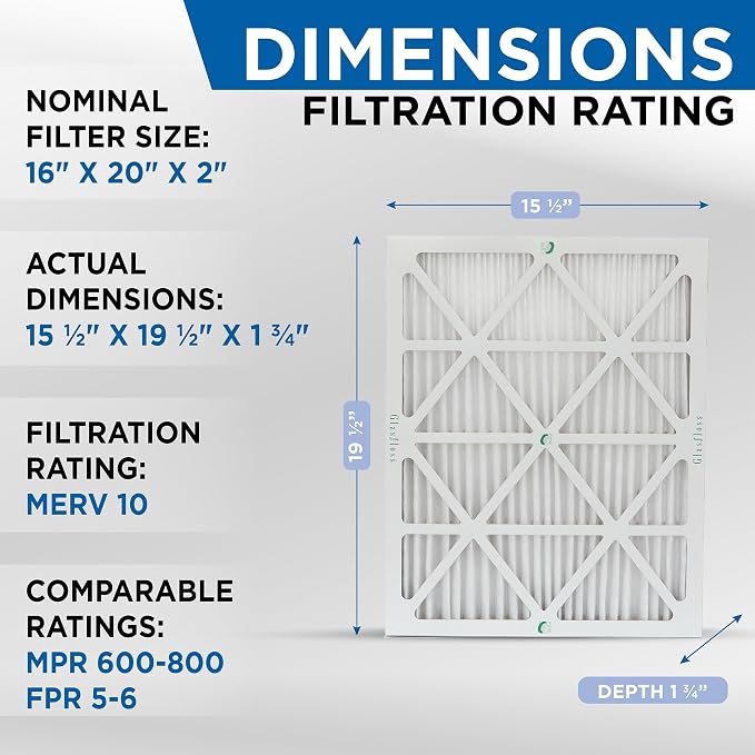 Glasfloss 16x20x2 MERV 10 2" Inch Pleated Air Filters Box of 6. Actual Size: - Image 2