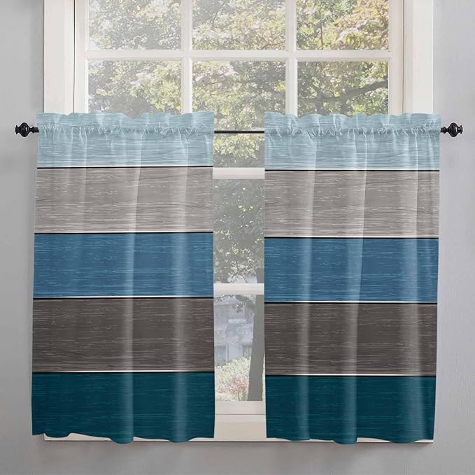 Retro Farm Blue Gray Wood Grain Window Valance Curtains, Rustic Wooden Plank - Image 2