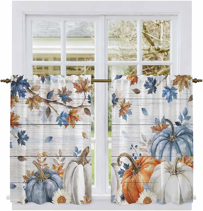 Thanksgiving Pumpkin Kitchen Curtains 45 Inch Long 2 Panel Set, Rod Pocket - Image 2