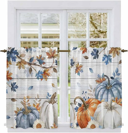 Thanksgiving Pumpkin Kitchen Curtains 45 Inch Long 2 Panel Set, Rod Pocket - Image 2
