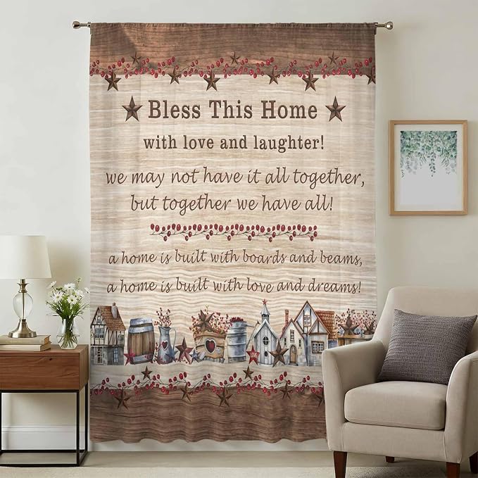 Farmhouse Sheer Curtains 108 Inch Length Brown Country Star Berry Vintage Wood - Image 3