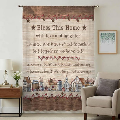 Farmhouse Sheer Curtains 108 Inch Length Brown Country Star Berry Vintage Wood - Image 3