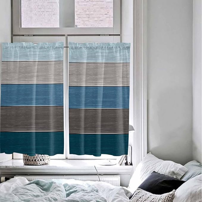 Retro Farm Blue Gray Wood Grain Window Valance Curtains, Rustic Wooden Plank - Image 8
