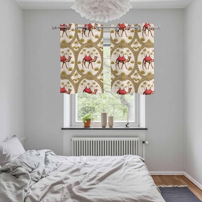 2 Panel Kitchen Cafe Curtains, Camels Palm Trees Sunlight Filtering Nature Air - Image 5