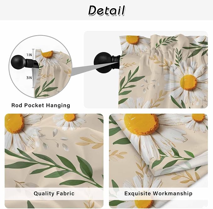 Spring Daisy Tier Curtains, Country Watercolor Flower Leaf Plant Light - Image 9