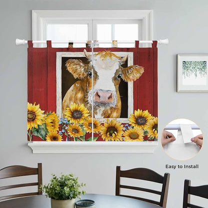 Cows Sunflowers Kitchen Curtains 45 Inch Length, Short Cafe Window Curtains Tab - Image 4