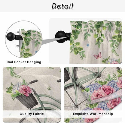 Farmhouse Spring Kitchen Curtains, Retro Bicycles Flowers Vines Butterfly Light - Image 9