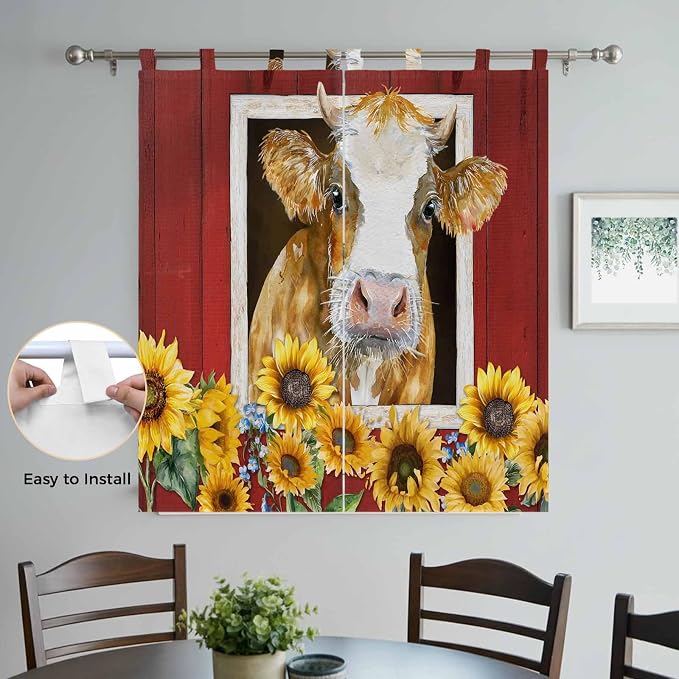 Cows Sunflowers Living Room Curtains 84 Inch Length, Window Curtains Tab Top - Image 4