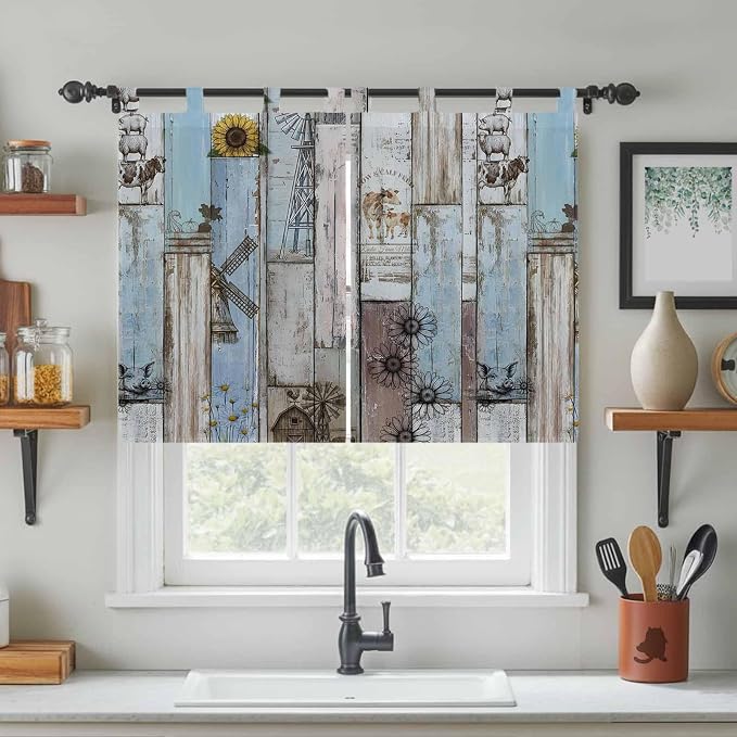 Blue Grey Wooden Bedroom Curtains 63 Inch Length, Window Curtains Tab Top - Image 3