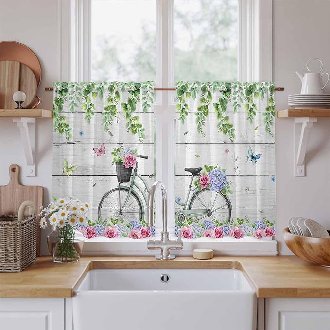 Spring Tier Curtains, Bicycles Botanical Rose Leaves Butterfly Wood Grain Light - Image 2