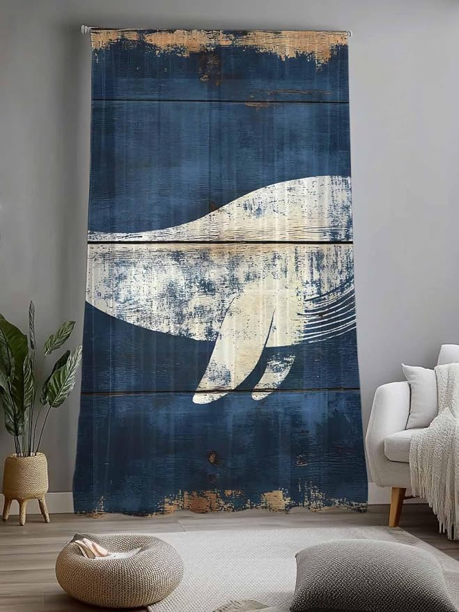 Sheer Curtains 96 Inches Long, Ocean Whale Blue Semi Sheer Curtains Light - Image 2