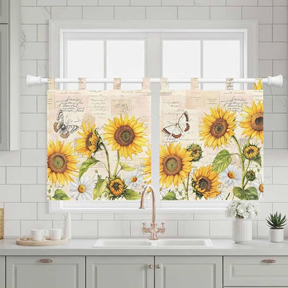 Yellow Sunflowers Kitchen Curtains 36 Inch Length, Small Window Curtains Tab Top - Image 3