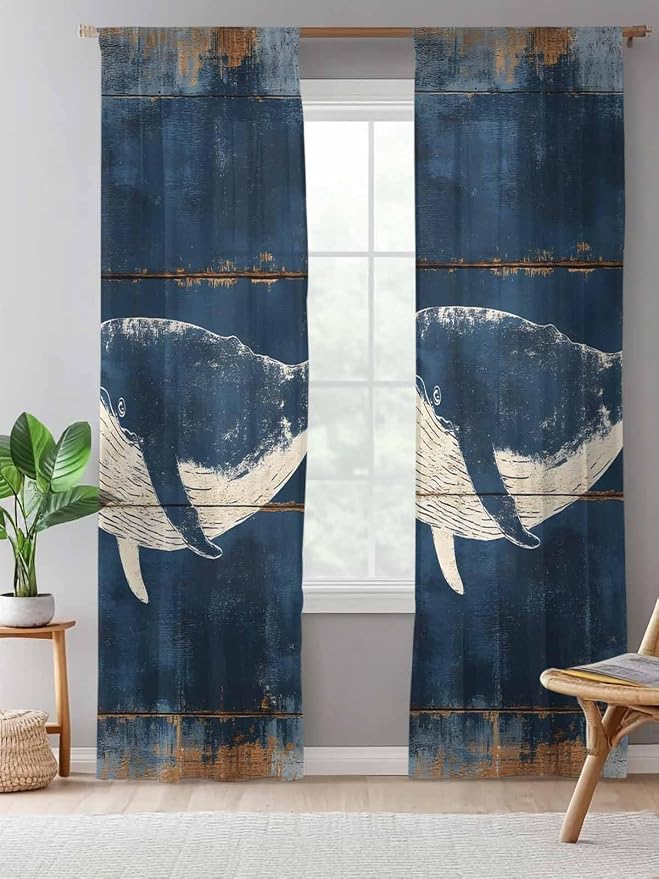 Sheer Curtains 108 Inches Long, Summer Whale Blue Semi Sheer Curtains Light - Image 5
