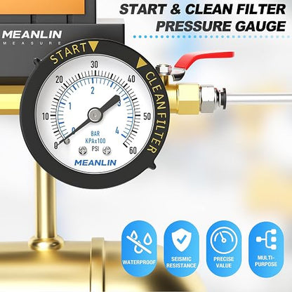 MEANLIN MEASURE 0~60Psi Plastic Frame 1/4" NPT Start and Clean Filter Pressure - Image 4