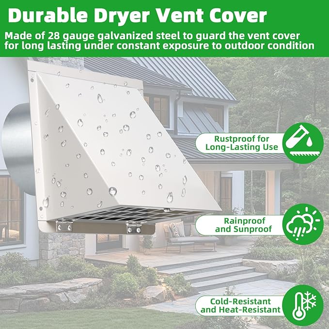 6 Inch Hooded Wall Vent with Mesh&Damper, 6in Dryer Vent Cover Outside Metal - Image 5