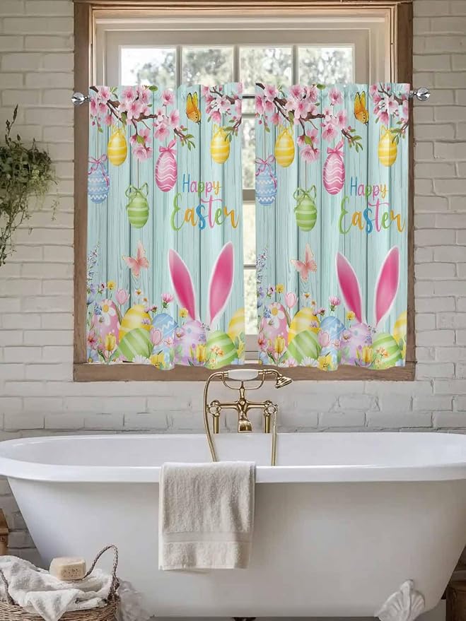 Happy Easter Tier Curtains 45 Inches Long, Spring Bunny Eggs Flower Teal Wood - Image 7