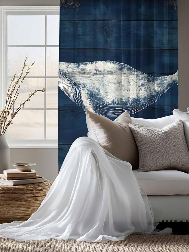 Sheer Curtains 63 Inch Length, Summer Whale Semi Sheer Curtains Light Filtering - Image 4