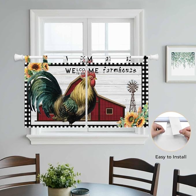 Farmhouse Rooster Kitchen Curtains 24 Inch Length, Small Window Curtains Tab Top - Image 4