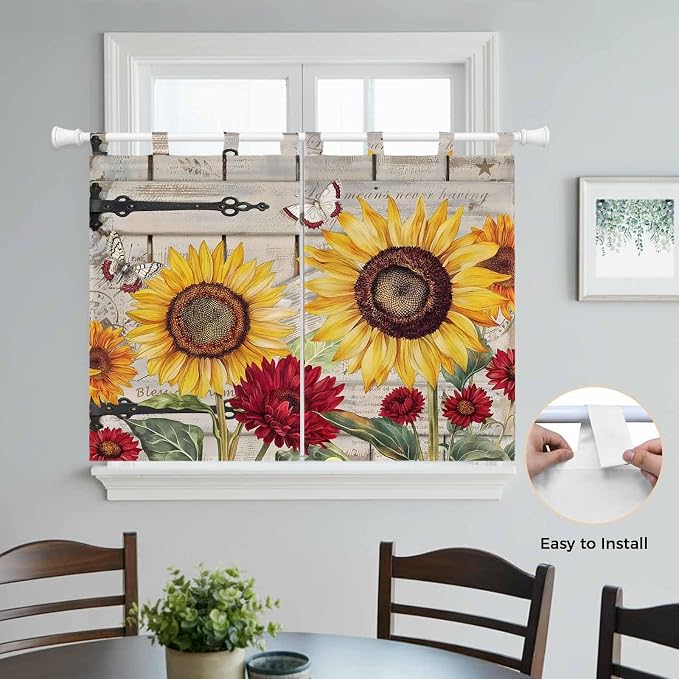 Red Yellow Sunflowers Kitchen Curtains 45 Inch Length, Short Cafe Window - Image 4