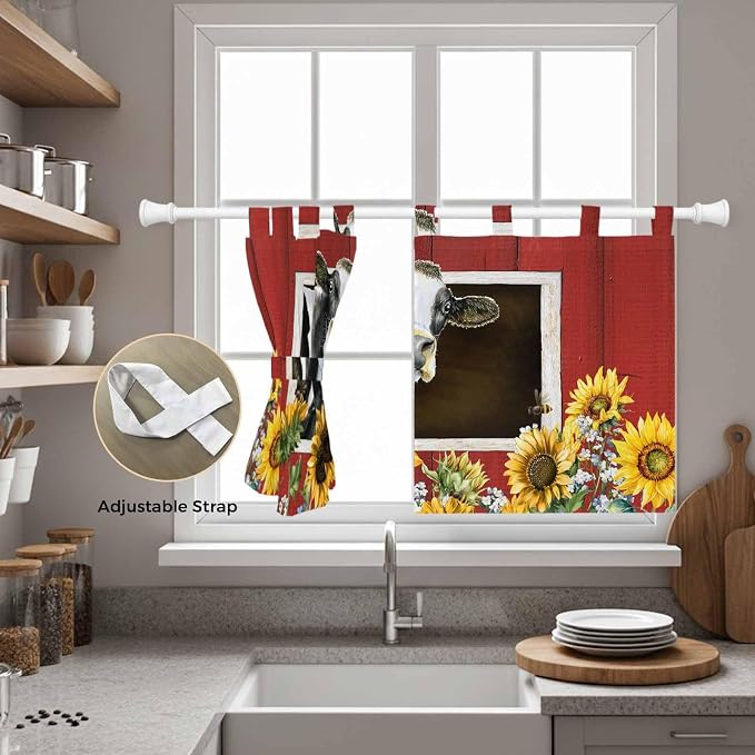 Cows Sunflowers Kitchen Curtains 36 Inch Length, Small Window Curtains Tab Top - Image 5