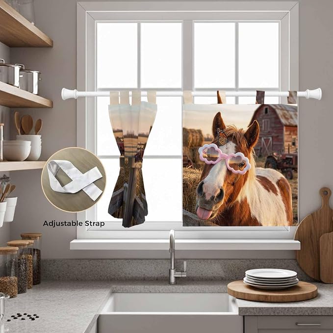 Farm Horses Kitchen Curtains 24 Inch Length, Small Window Curtains Tab Top - Image 5