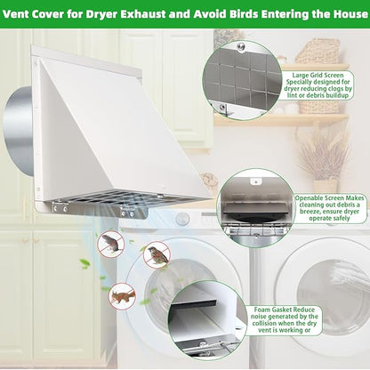 6 Inch Hooded Wall Vent with Mesh&Damper, 6in Dryer Vent Cover Outside Metal - Image 3