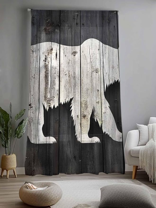 Sheer Curtains 108 Inches Long, Farmhouse Country Rustic Wooden Grain Privacy - Image 2