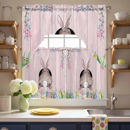 Swag Valance Curtains, Easter Cute Rabbit and Colorful Eggs Rod Pocket Valances - Image 8