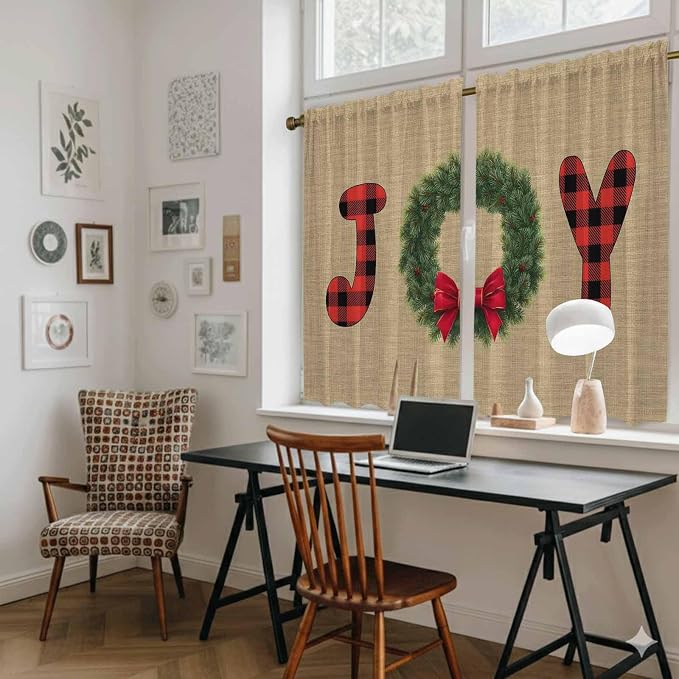 Red Green Christmas Kitchen Curtains 45 Inch Long 2 Panel Set, Rod Pocket - Image 6