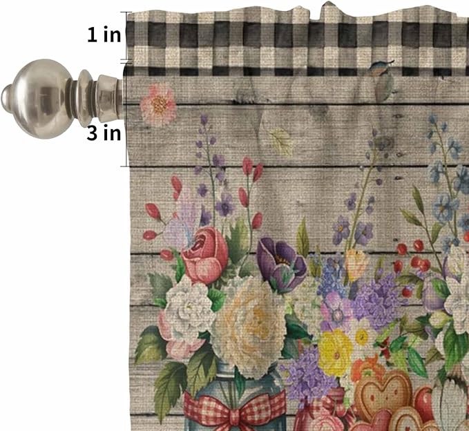 Spring Flowers Kitchen Curtain Set, Farmhouse Vintage Black Plaid Wood Grain - Image 5