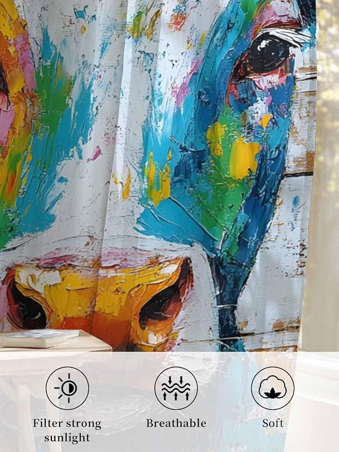 Sheer Curtains 84 Inches Long, Funny Colorful Cow Semi Sheer Curtains Light - Image 6